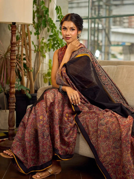 Rust-Brown Chanderi Kalamkari Floral Chanderi Saree with Contrast Black Pallu