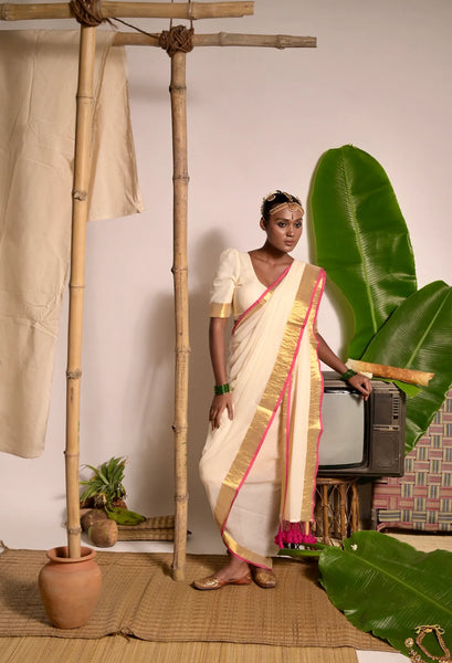 Off white mul cotton handwoven saree with golden and pink border