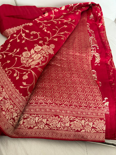 Red and Gold Munga Banarasi Silk Saree