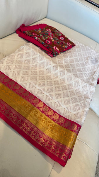 White Soft Silk Saree with French Knots and Kantha Stitch with Zari Border