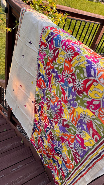 Pure Tussar Silk Kantha Stitched Embroidered Saree