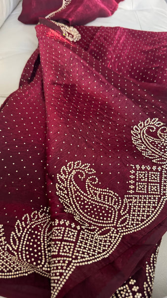 Deep Maroon Silk Crepe All-Over Stone Embellished Saree