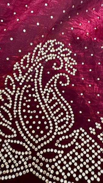 Deep Maroon Silk Crepe All-Over Stone Embellished Saree