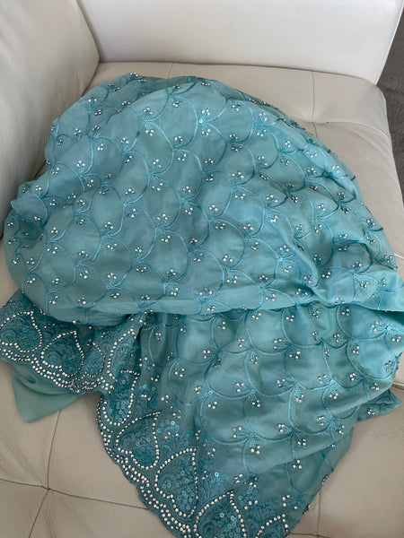 Teal Sky Blue Georgette Silk Saree with Crystals