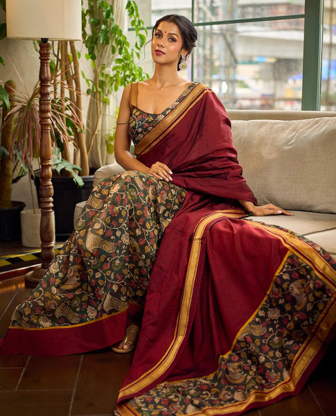 Dark Green Kalamkari Printed Chanderi Saree with Maroon Khun Pallu