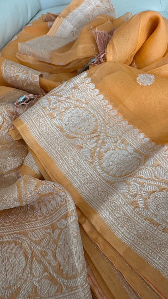 Peach Orangish and Silver Pure Handwoven Khaddi Banarasi Chiffon Georgette Saree