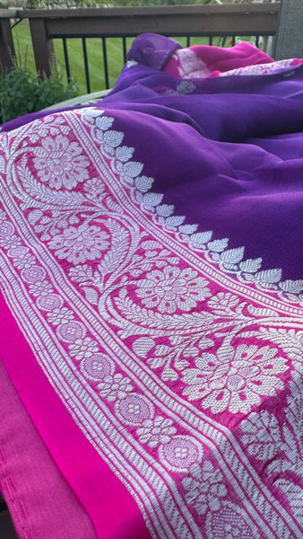 Purple and Hot Pink  Pure Handwoven Khaddi Banarasi Chiffon Georgette Saree