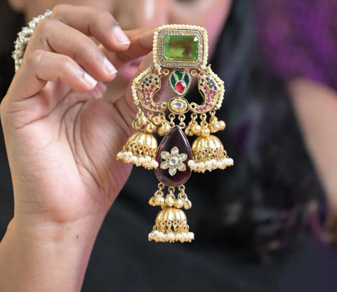 Long Gold Green Jhumka Jhumki Fusion Earrings