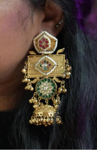 Long Gold Green Ruby Jhumka Jhumki Fusion Earrings