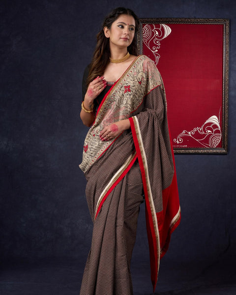 Black Ajrakh Cotton Saree with Hand-Painted Madhubani Border