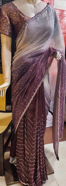 Dual Shaded Purple Chocolate Sequin Threadwork Saree