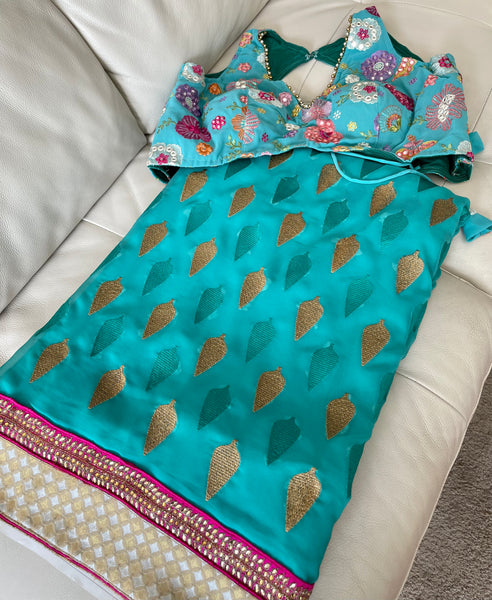 TURQUOISE BLUE GEORGETTE BLOUSE with Blue Georgette Chiffon Saree