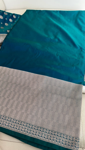 Soft Banarasi Silk Saree Iridescent Peacock Blue With Zari Border