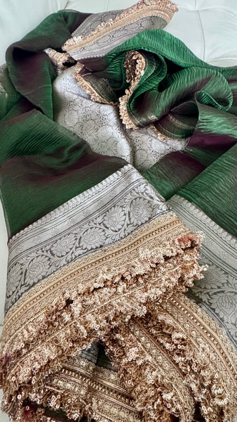 Iridescent Green Tissue Banarasi Brocade Silk Saree