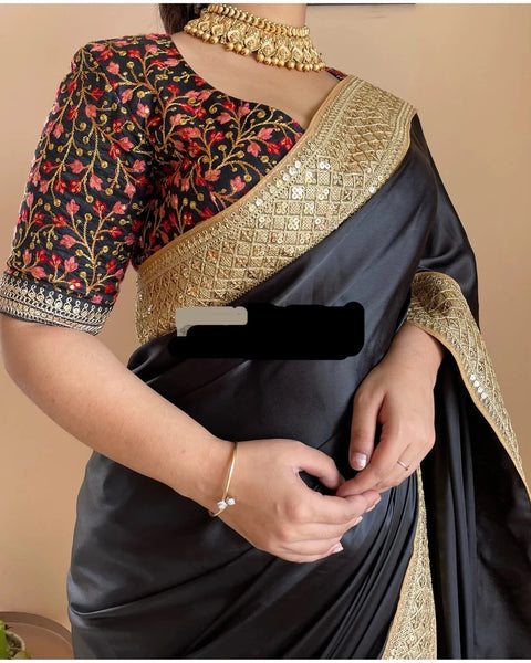 Black Satin Saree with Gold Border with Multicolor Embroidered Blouse