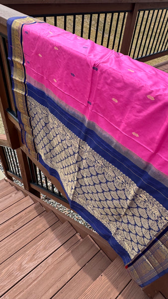 Pink and Navy Blue Soft Silk Saree