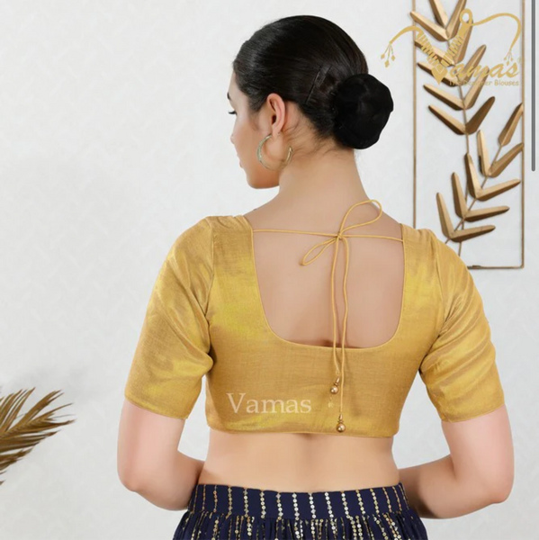 Gold Shimmer Padded Front Open Elbow Sleeves Saree Blouse