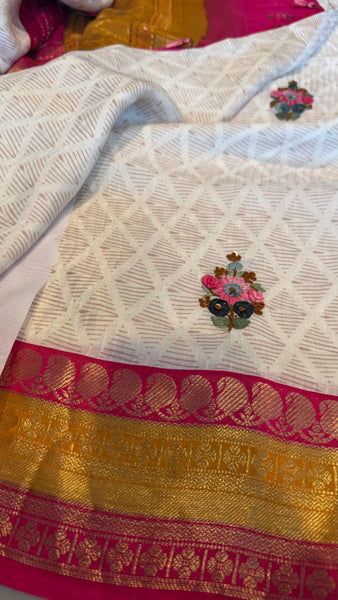 White Soft Silk Saree with French Knots and Kantha Stitch with Zari Border