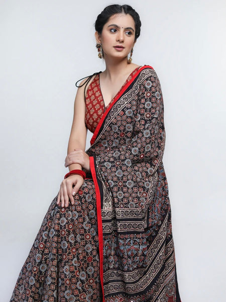 BLACK AJRAKH COTTON SAREE WITH RED BORDER