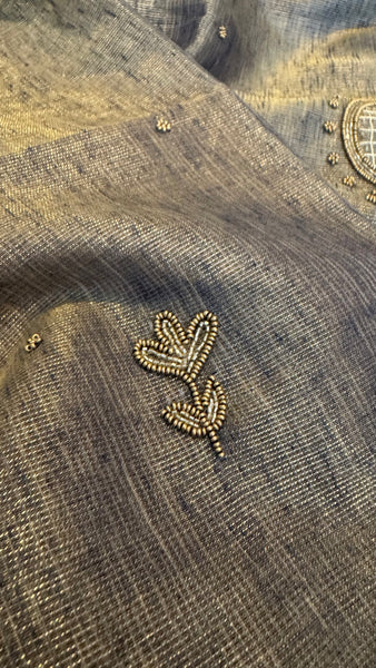 Dual Tone Grey Silver Gold Tone Tissue Linen Saree