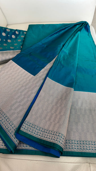 Soft Banarasi Silk Saree Iridescent Peacock Blue With Zari Border