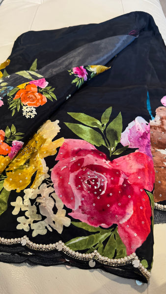 Black Multicolor Crepe digital print with pearl and Katdana borders