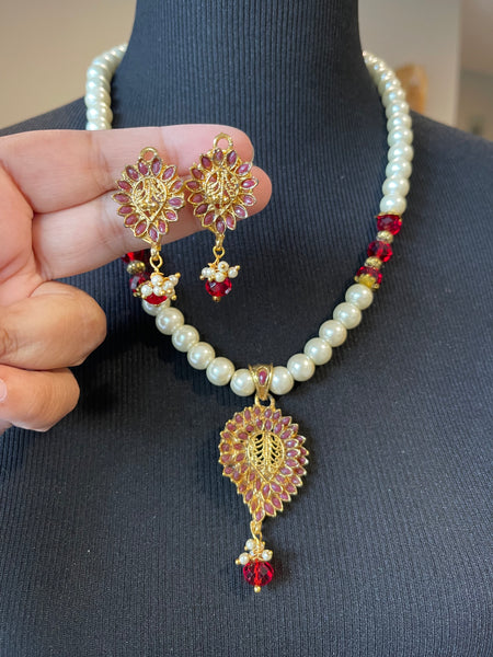 Pearl Necklace with Ruby Gold Plated Pendant Necklace with Earrings