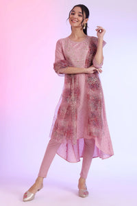 Lavender Pink Embroidered Asymmetrical Kurta with Leggings & Dupatta Set