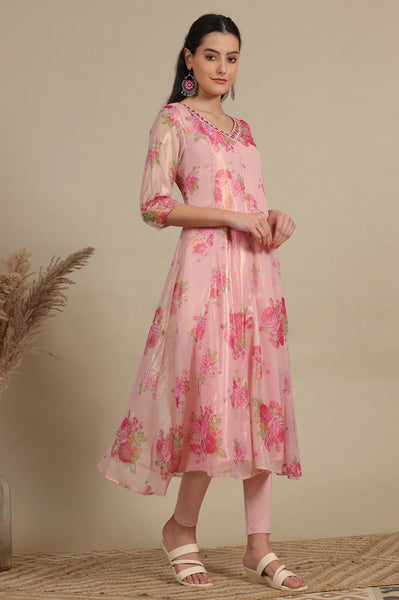 Apricot Pink Floral Printed Sheer Anarkali Kurta, Leggings and Dupatta Set