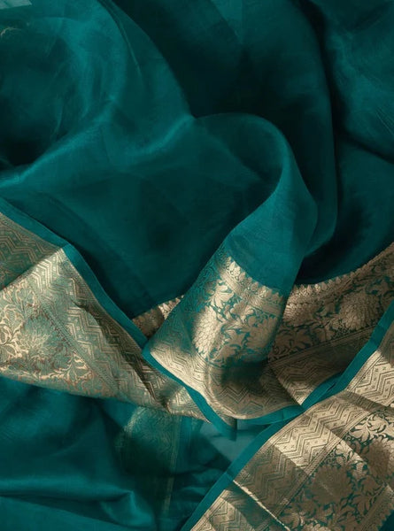 Deep Teal and Gold Banarasi Pure Silk Organza Saree