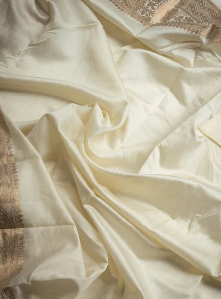 White and Gold Banarasi Pure Silk Organza Saree