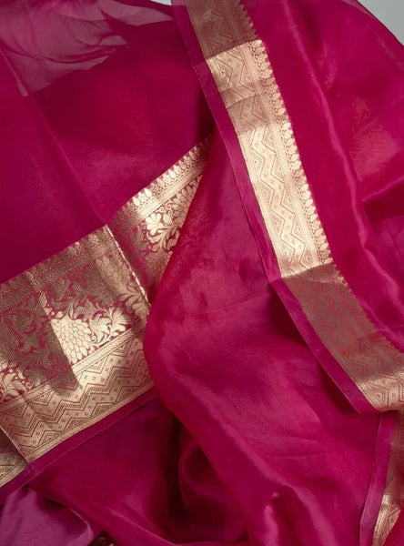 Rani Pink and Gold Banarasi Pure Silk Organza Saree