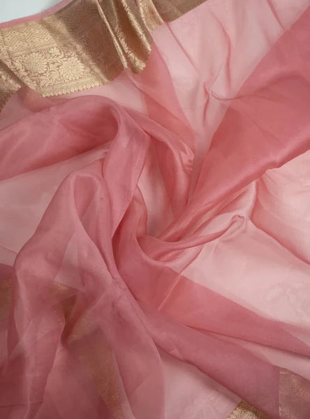 Pink and Gold Banarasi Pure Silk Organza Saree