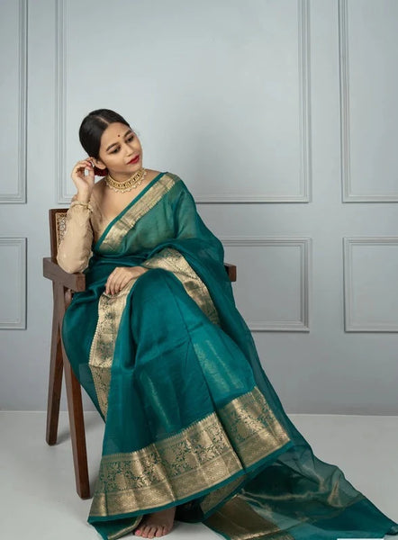 Deep Teal and Gold Banarasi Pure Silk Organza Saree