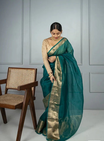 Deep Teal and Gold Banarasi Pure Silk Organza Saree