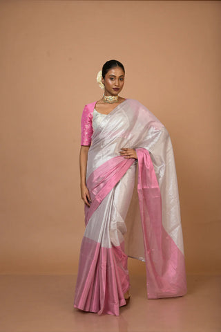 Silver and Pink Handloom Tissue Saree with Ready to Wear White and Pink Brocade Blouse Combo