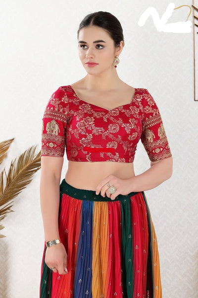 Readymade Jacquard Padded Back Open Elbow Sleeves Saree Blouse