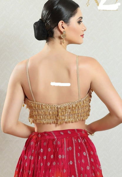 Readymade Silk Padded Gold Back Open Sleeveless Saree Blouse