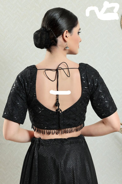 Readymade Net Padded Back Open Elbow Sleeves Saree Blouse