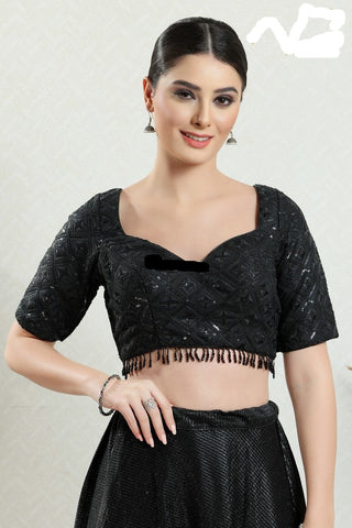 Readymade Net Padded Back Open Elbow Sleeves Saree Blouse
