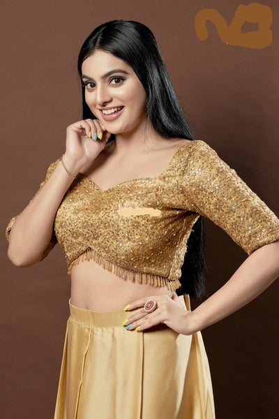 Readymade Net Padded Back Open Elbow Sleeves Saree Blouse