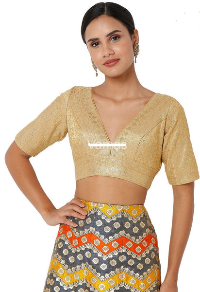 Readymade Women’s Tissue Padded Back Open Elbow Sleeves Dark Gold Saree Blouse