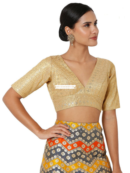 Readymade Women’s Tissue Padded Back Open Elbow Sleeves Dark Gold Saree Blouse