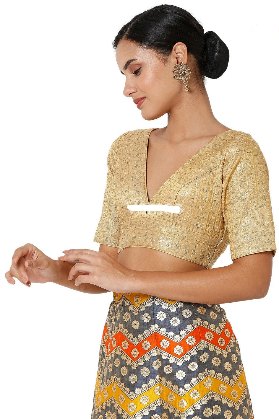 Readymade Women’s Tissue Padded Back Open Elbow Sleeves Dark Gold Saree Blouse