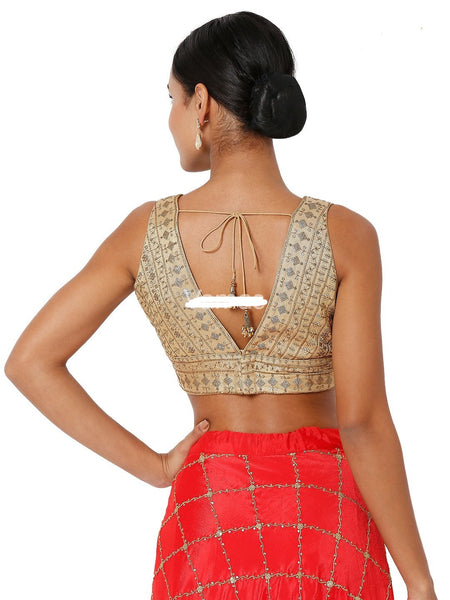 Readymade Women’s Tissue Padded Back Open Copper Sleeveless Saree Blouse