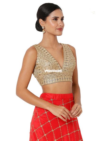 Readymade Women’s Tissue Padded Back Open Copper Sleeveless Saree Blouse