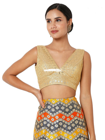Readymade Women’s Tissue Padded Back Open Dark Gold Sleeveless Saree Blouse