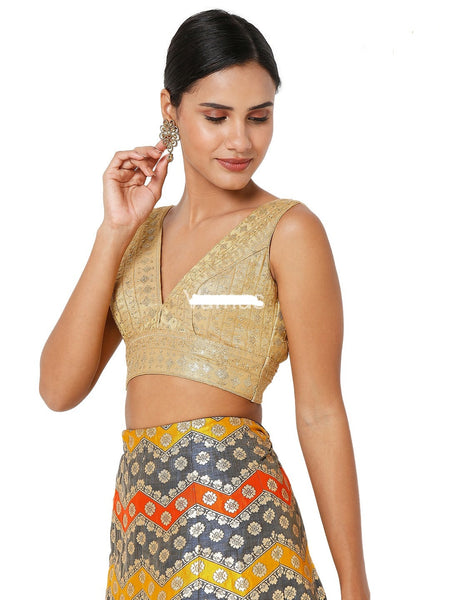 Readymade Women’s Tissue Padded Back Open Dark Gold Sleeveless Saree Blouse