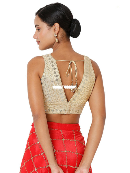 Readymade Women’s Tissue Padded Back Open Gold Sleeveless Saree Blouse