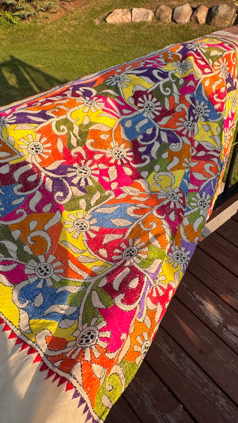 Pure Tussar Silk Kantha Stitched Embroidered Saree